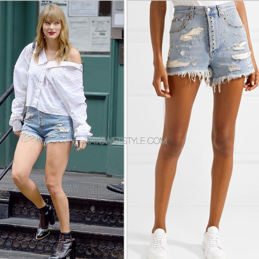 Gucci Embellished Distressed Denim Shorts
